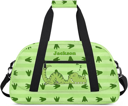Personalized Duffel Bag for Kids Girls Boys, Cute Dinosaur Custom Name Gym Bag Overnight with Padded Handles Carry On Weekend Sports Travel Bag for School Practice Gymnastics Ballet