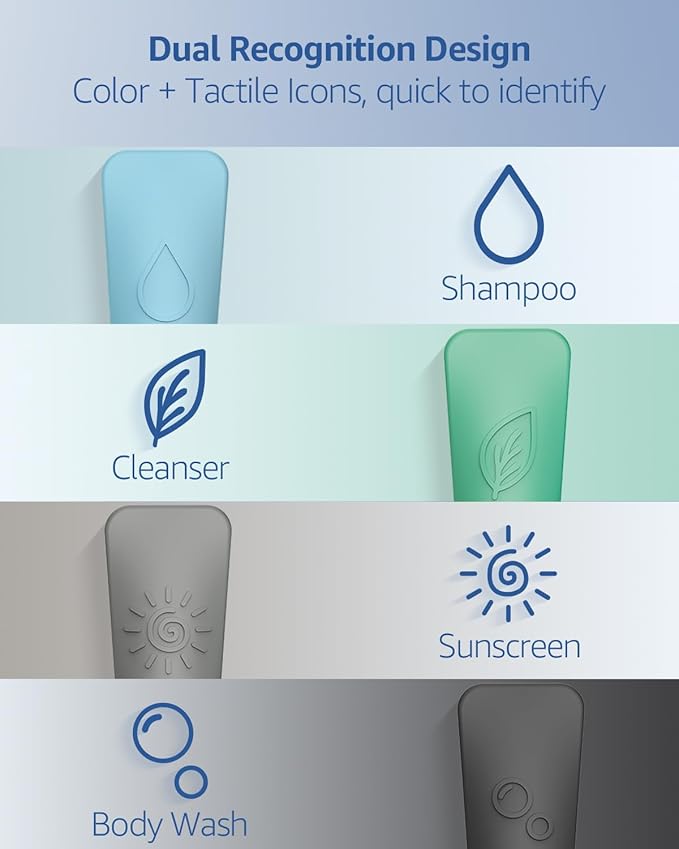 23-Piece All-in-One Silicone Travel Bottles Set – TSA Approved Leakproof Toiletry Kit with Double Bags, Flat Easy-Squeeze Bottles with Tactile Icons, Cream Jars, Pump & Spray, Cleaning Brush