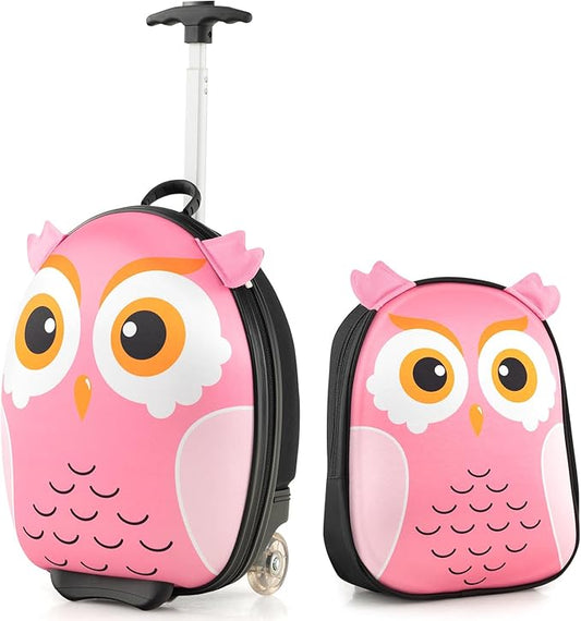 Goplus 2PC Kids Carry On Luggage Set, 16" Rolling Suitcase & 12" Backpack, Airline Approved Travel Trolley Luggage with Wheels for Toddlers Children Girls Boys (Owl)
