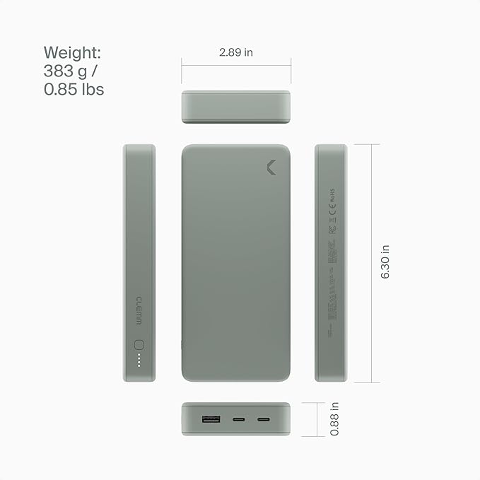 Clemm Portable Charger Quick Charging Power Bank (Gray, 20000, Milliamp Hours)