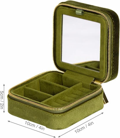 Velvet Jewelry Box, Small Travel Jewelry Organizer, Portable Jewelry Case for Women with Mirror, Green Mini Plush Travel Box