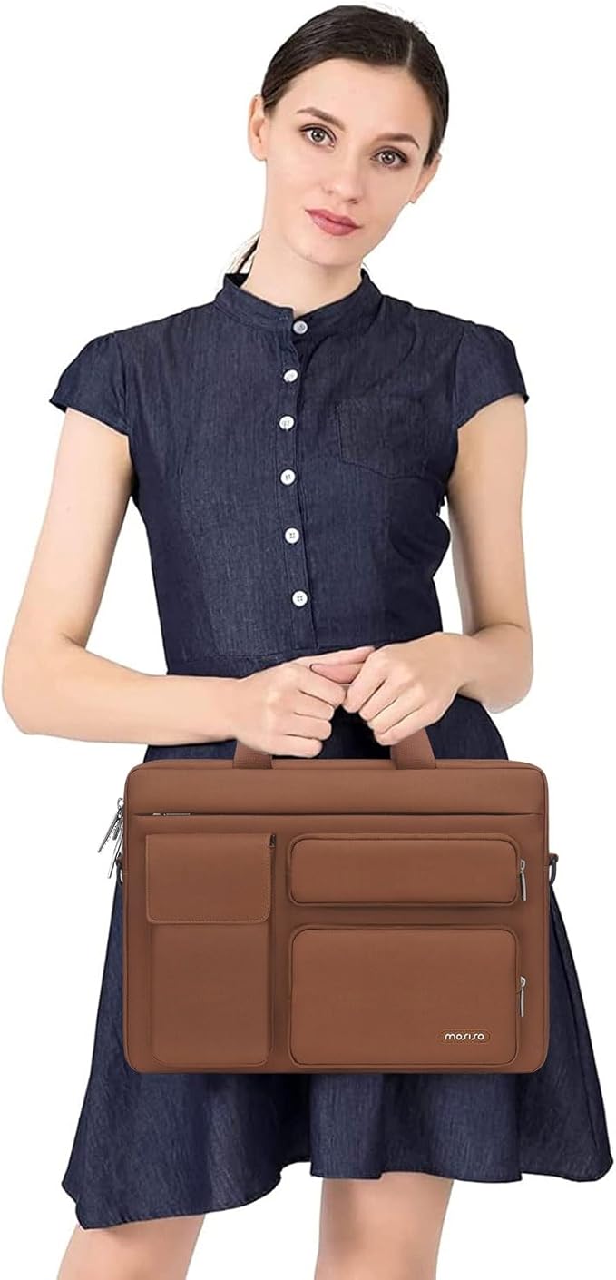 MOSISO Laptop Shoulder Bag 15.6 inch, 15-15.6 inch Computer Bag Compatible with MacBook Pro 16 inch, HP, Dell, Lenovo, Notebook with 2 Raised&1 Flapover&1 Horizontal Pocket&Handle&Belt, Caramel Brown