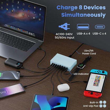 200W USB C Charger Block, 8-in-1 GaN III USB C Fast Charging Station Hub, PD 65W Laptop Charger Adapter Travel Charger, for MacBook Pro/Air/Dell XPS/iPhone 16/15/14/iPad/Galaxy S24-Light Blue