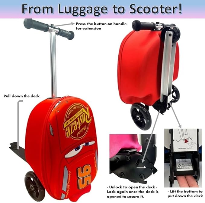 Fast Forward Kid’s Licensed 18" Ride-On Suitcase Scooter - Lightweight Carry-On Foldable Scooter Luggage
