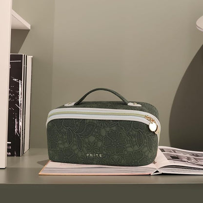 Prite Travel Cosmetic Bag Makeup Organizer Bag For Women Large Capacity Waterproof PU Leather Toiletry Bag with Handle and Clear Divider(Green Flower)