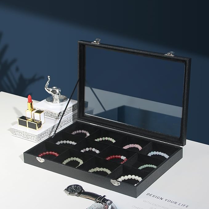 Coward Jewelry Organizer Box, Black Velvet 12 Grids Bracelet Bangle Necklace Jewelry Display Tray Case with Transparent Glass Lid for Home Drawer Desk or Store Selling Show
