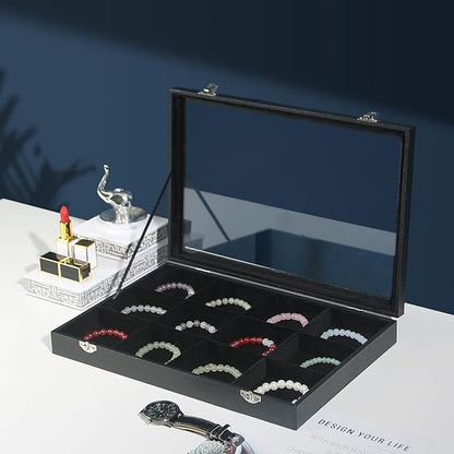Coward Jewelry Organizer Box, Black Velvet 12 Grids Bracelet Bangle Necklace Jewelry Display Tray Case with Transparent Glass Lid for Home Drawer Desk or Store Selling Show