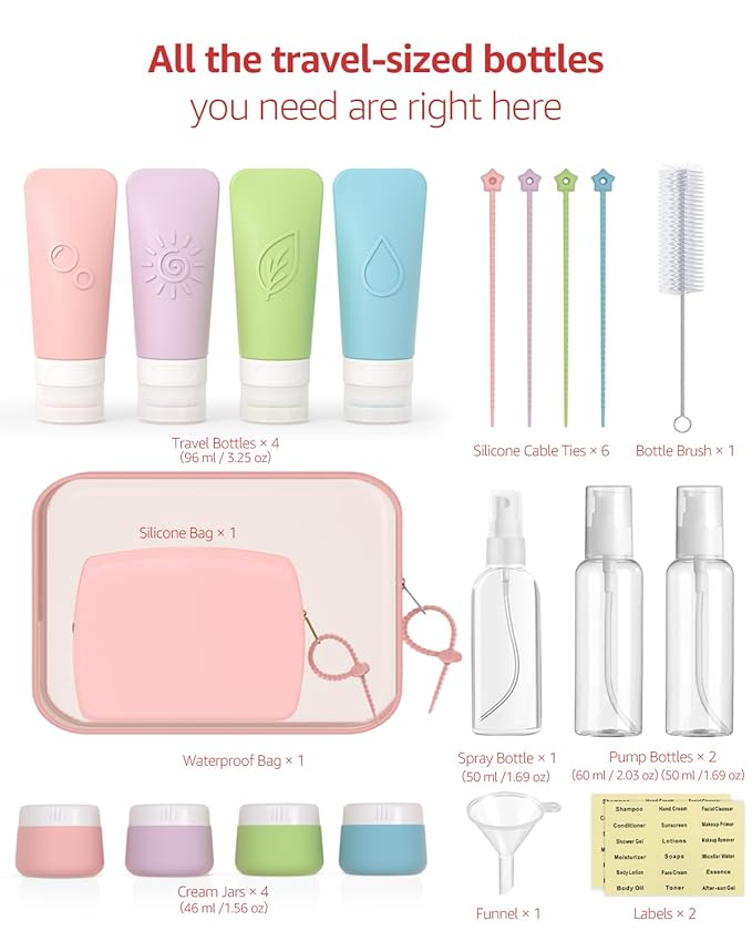 23-Piece All-in-One Silicone Travel Bottles Set – TSA Approved Leakproof Toiletry Kit with Double Bags, Flat Easy-Squeeze Bottles with Tactile Icons, Cream Jars, Pump & Spray, Cleaning Brush