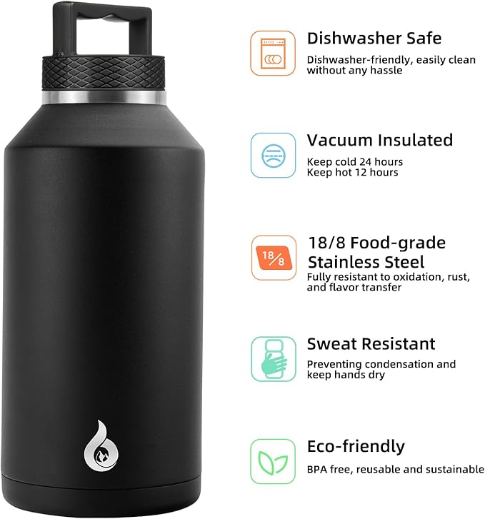 BJPKPK Half Gallon Water Bottle Insulated, Dishwasher Safe 64 oz Water Bottle with Handle, Leakproof BPA Free Thermal Flasks, Large Stainless Steel Jug for Sports, Black