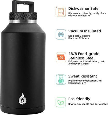 BJPKPK Half Gallon Water Bottle Insulated, Dishwasher Safe 64 oz Water Bottle with Handle, Leakproof BPA Free Thermal Flasks, Large Stainless Steel Jug for Sports, Black