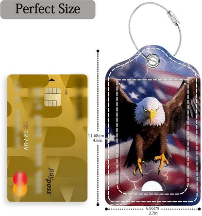 Funny PU Leather Luggage Tags 2-Pack Flying Eagle American Flag Lightning Cute Pattern Suitable for Suitcase Stainless Steel Loop and Address Card Essential for Cruise and Airport Travel