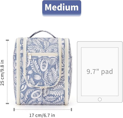 Narwey Small Hanging Toiletry Bag Women Travel Makeup Bag Organizer Toiletries Bag for Travel Size Essentials Accessories Cosmetics (Medium, Blue Leaf)