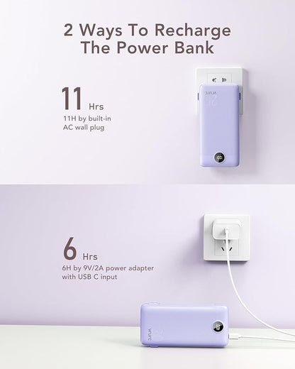 VRURC Portable Charger 20000mAh, Fast Charging Power Bank USB C,4 Output 2 Input Travel Essentials Charging Bank Equipped with LED Display,Built-in Wall Plug and Cables,Phone Charger Battery,Purple