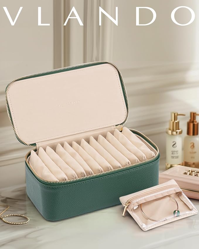 Vlando Jewelry Case with 12 Velvet Jewelry Bags Travel Jewelry Organzier for Travelers Necklace Rings Earrings Jewelry Bags Christmas Birthday Wedding Valentines Day Gifts (Green)