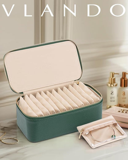 Vlando Jewelry Case with 12 Velvet Jewelry Bags Travel Jewelry Organzier for Travelers Necklace Rings Earrings Jewelry Bags Christmas Birthday Wedding Valentines Day Gifts (Green)