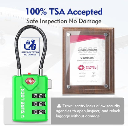 SURE LOCK TSA Approved Combination Luggage Locks with Open Alert Indicator – Durable Zinc Alloy Cable Travel Locks with Large Easy-Read Dials for Suitcases, Backpacks & Gym Bags （Green 2 Pack