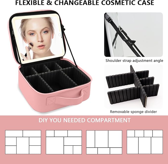 Travel Makeup Bag for Makeup Artists Large Makeup Case,with Mirror 3 Color Setting and Jewelry box Travel Makeup Bag,Portable Storage and Adjustable Dividers（pink）