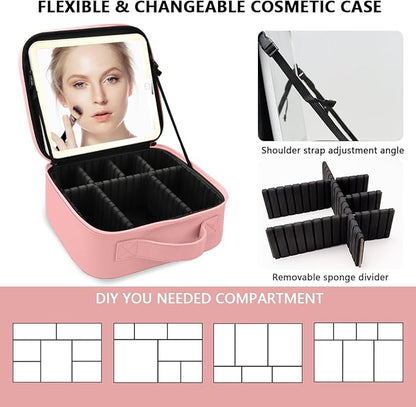 Travel Makeup Bag with LED Lighted Mirror, Travel Makeup Organizer,3 Color Setting Cosmetic Makeup Box, Adjustable Dividers and Brush Holder（pink）