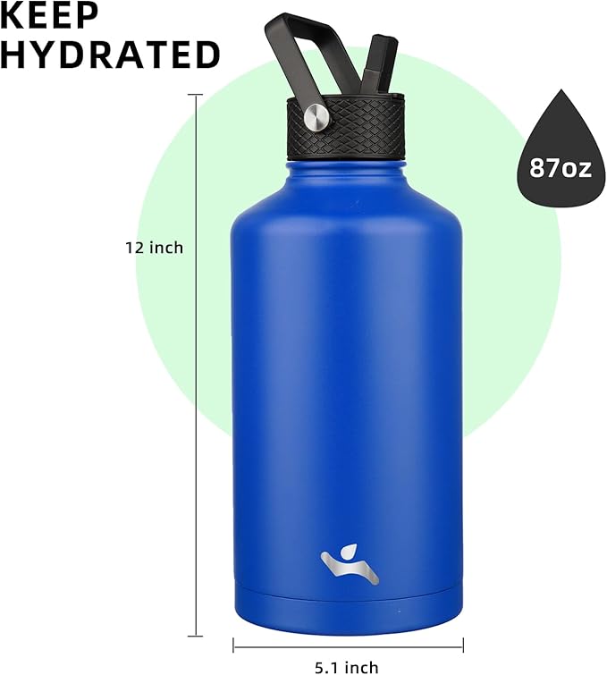 Insulated Water Bottle with Straw,87 oz 3 Lids Water Jug with Carrying Bag,Paracord Handle,Double Wall Vacuum Stainless Steel Metal Flask,Blue