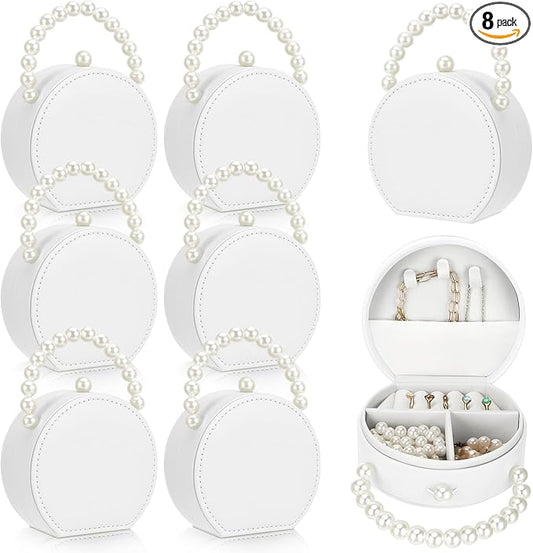 Weysat 8 Pack Travel Jewelry Case Bulk Mini Bridesmaid Jewelry Box Small Earring Storage Organizer for Women Proposal Gifts(White, Leather)