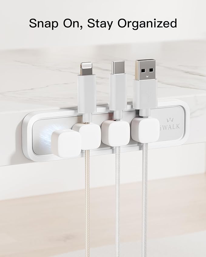 iWALK Magnetic Cable Holder, Reusable Adhesive Desktop Cord Organizer for 2-6mm Cables,4 Clips for Lightning & USB C/Micro Cables,Sticks to Wood,Glass,Metal, Marble, 2-Pack,White