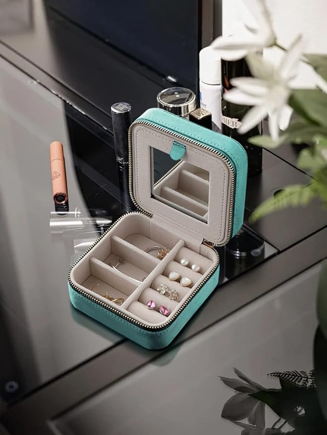 S.Leaf Travel Jewelry Organizer Boxes for Women Small Portable Necklace Earrings Bracelet Rings Travel Case Best Friend Birthday Gifts for Women Trendy (07_Suede_Touch_Mint_Green)