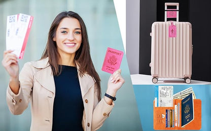 Passport Holder With Luggage Tag Travel Essentials Passport Cover Wallet RFID Blocking Leather Case International Must Haves Travel Accessories Women Men(115#Blue)