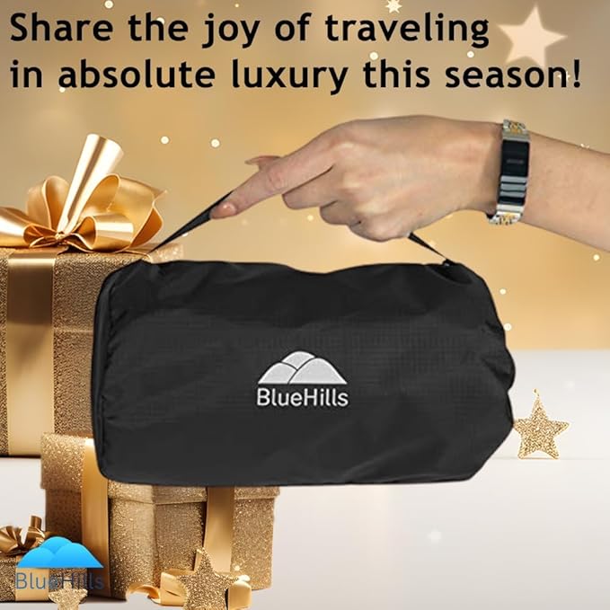 BlueHills Ultra Compact Travel Blanket Pillow in Portable Bag Case with Hand Luggage Belt & Backpack Clip Premium Cozy Soft Compact Pack Large Blanket for Airplane Flight Layover Black C003