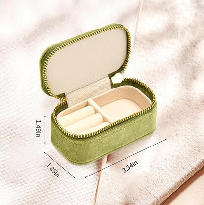 TAIMY Small Travel Jewelry Case, Mini Tiny Plush Velvet Jewelry Box for Women and Girls, Pocket Size Jewelry holder organizer for Rings Earrings and Small Items(Mistletoe Green)