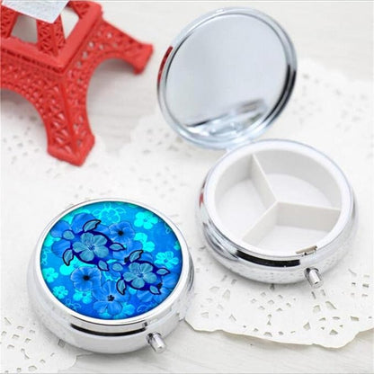 Pill Box,Blue Hibiscus Flower Turtles Round Pill Box 3 Compartment Decorative Pocket Purse Portable Mini Travel Medicine Tablet Vitamin Holder Organizer Pill Case