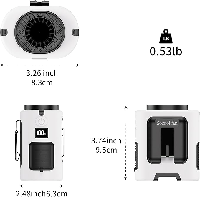 Socool Portable Waist Fan 5000mAh Rechargeable Mini Clip On Personal Fans with 13000RPM & 4 Adjustable Speeds, 25H Cooling Wearable Shirt Belt Hanging Neck Fan for Outdoor Working Jobsite (White)