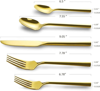 DEACORY Silverware Set Flatware Set Mirror Gold Cutlery Set Heavy Hexagon Handle Stainless Steel 20 Pieces Dishwasher Safe Service for 4