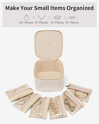 Vlando Small Jewelry Box Organizer,Travel Jewelry Storage with 6 Velvet Jewelry Zipper Pockets,Travel Jewelry Case Valentines Gifts Birthday Gifts for Women Girls (White)