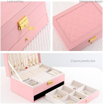 GUOER Jewelry Organizer Box for Women - Large PU Leather Jewelry Organizer Storage Case with Two Layers Display for Earrings Bracelets Rings Watches (Pink)