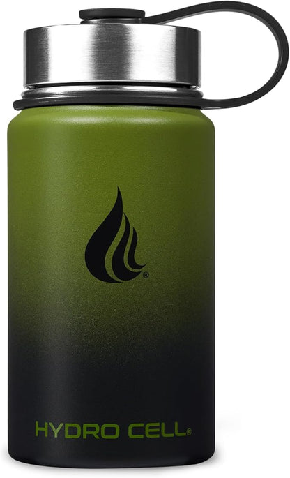 HYDRO CELL Stainless Steel Insulated Water Bottle with Straw - For Cold & Hot Drinks - Metal Vacuum Flask with Screw Cap and Modern Leakproof Sport Thermos for Adults (Army/Black 14oz)
