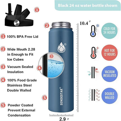 Insulated Water Bottle 24 oz with Straw, Stainless Steel Wide Mouth Water Bottle, Double Wall Vacuum Leak Proof with Straw Lid & Spout Lid for Sports or Office, Keep Cold or Hot Up to 24 Hrs