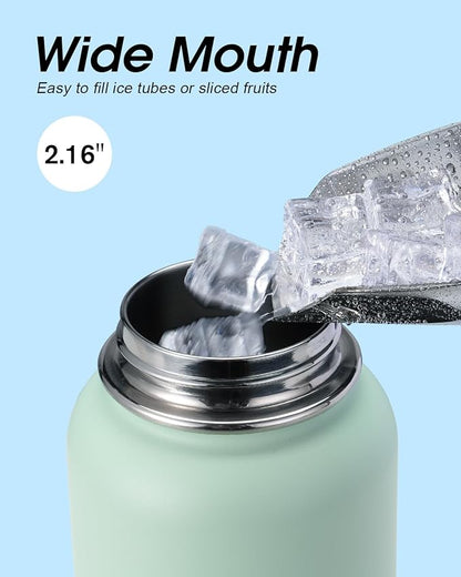 Water Bottle 40 oz Insulated with Straw&Brush, Coolflask Vaccum Stainless Steel Metal 3 Lids Water Flask for Sports, Gym or Office, Keep Cold 48H Hot 24H, Ombre Green