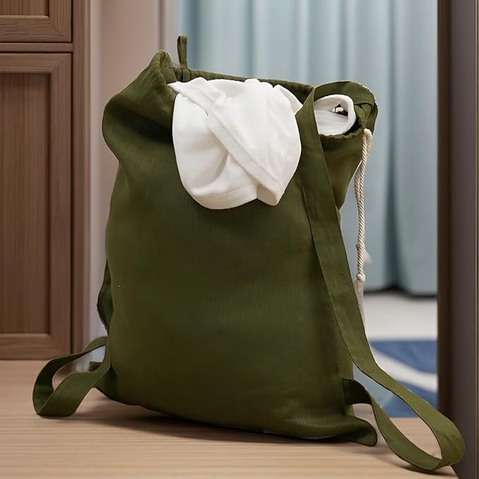 100% Pure Linen Travel Backpack Laundry Bags with Shoulder Straps 20x24in-Washable Drawstring Hanging Laundry Hamper Rxtra Large Portable Cloth Laundry Bag for Dorm College Military Gym-Green