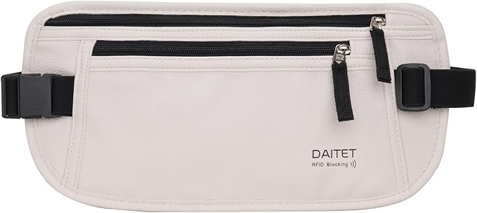 PU Leather Money Belt - Passport Holder Secure Hidden Travel Wallet with RFID Blocking, Undercover Fanny Pack(White)