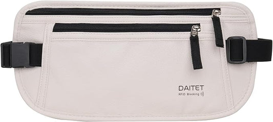 PU Leather Money Belt - Passport Holder Secure Hidden Travel Wallet with RFID Blocking, Undercover Fanny Pack(White)