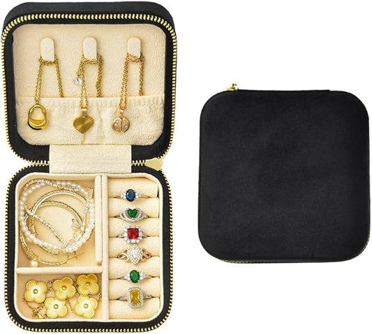 TAIMY Travel Jewelry Case, Small Plush Velvet Jewelry Box for Women and Girls, Portable Jewelry holder organizer for Rings Earrings Necklaces Bracelets(Black)