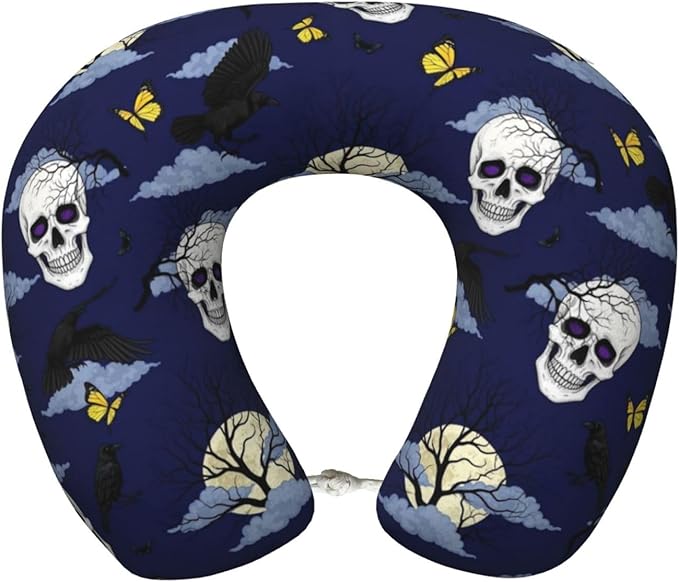 Neck Travel Pillow, Women Men Washable Airplane Car Pillows Halloween Full Moon Raven Goth Skulls, Head Support Rest U Shaped Cushion Comfortable for Watching TV