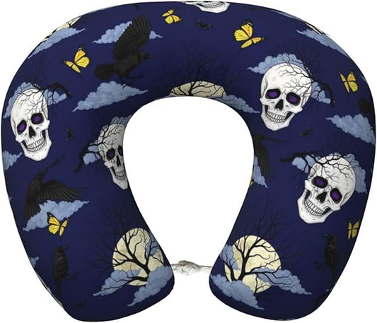 Neck Travel Pillow, Women Men Washable Airplane Car Pillows Halloween Full Moon Raven Goth Skulls, Head Support Rest U Shaped Cushion Comfortable for Watching TV