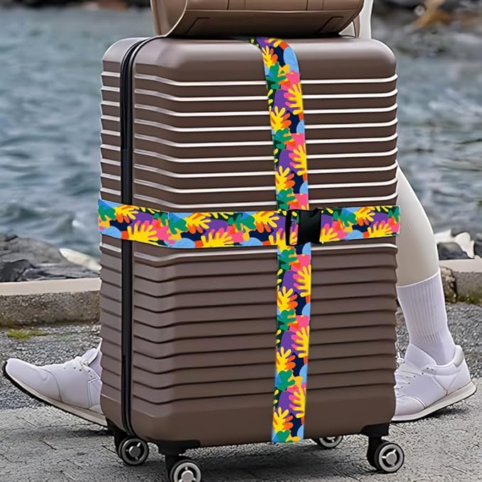 2PC,Abstract Color Luggage Strap 1.97 x 70.84 inch Multicolor Leaf Design Adjustable Suitcase Belt Durable Nylon Baggage Identifier Modern Travel Accessory