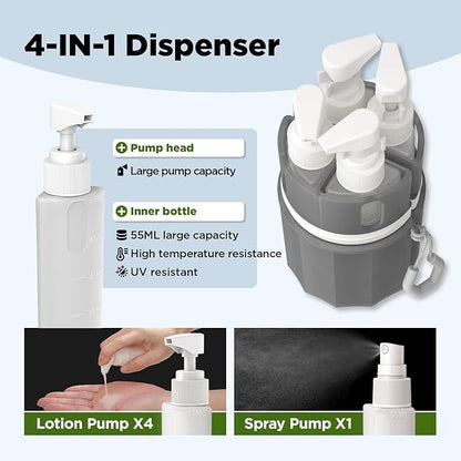 YOTIME 4in1 Travel Bottles Set, Vacuum Silicone Suction Cup for Smooth Walls, TSA Approved Leak Proof Travel Size Containers for Toiletries, Shampoo, Body Wash and Conditioner, Gray