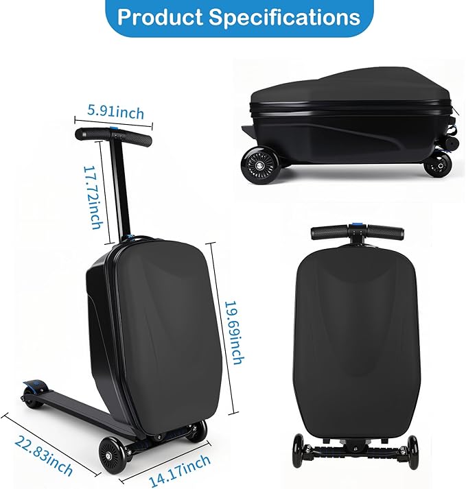 Scooter Suitcase Carry On Hardshell Ride On Suitcase Scooter for Kids Age 4-15, Multifunctional Ride On Lightweight Kids Luggage with Wheels(Size:Black)