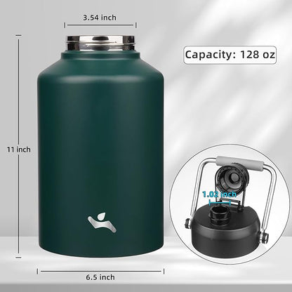 1 Gallon Jug with Handle,128 oz Insulated Water Bottle with Carrying Pouch, Double Wall Vacuum Stainless Steel Metal Bottle,Dark Green