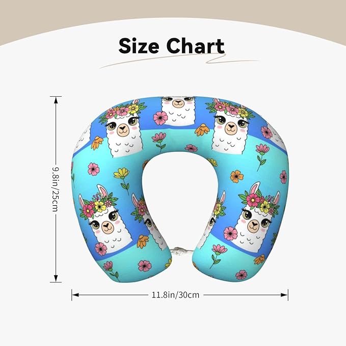 Neck Pillows for Travel Cute Alpaca Llama Flowers, Women and Men Airplane Car Pillow, Neck Support U Shaped Pillow for Rest Pain Relief Sleeping