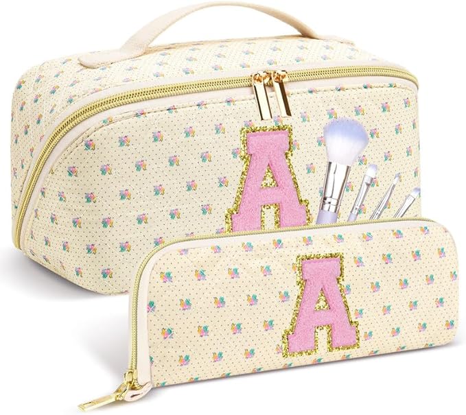 Personalized Travel Makeup Bag Set,Initial Travel Cute Floral Makeup Organizer Bag,Toiletry Skincare Cosmetic Bag,Christmas Gifts for Women/Girls,Open Flat Toiletry Pouch with Brush Pocket-A