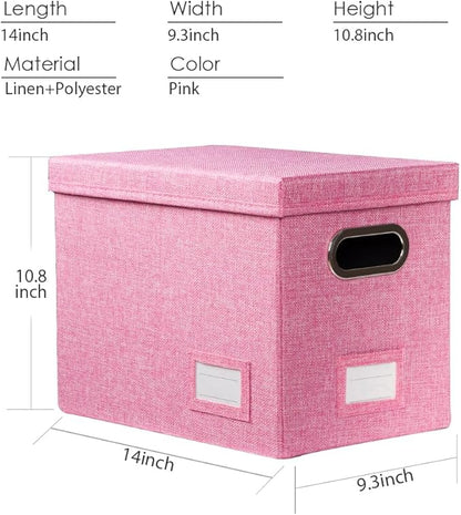 PRANDOM File Organizer Box - Set of 4 Collapsible Decorative Linen Filing Storage Hanging File Folders with Lids Office Cabinet Letter Size Pink (14x9.3x10.8 inch)
